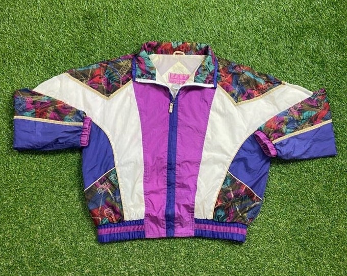 Vintage Graphic Windbreaker Zip Up Jacket East West Size Small S Multicolor Streetwear Sport Active Wear Classic Light Rain Coat 1990s