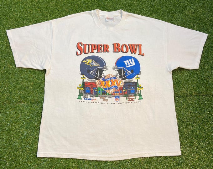 Vintage Super Bowl XXXV 2001 T Shirt Tee Size Xtra Large XL NFL Football Baltimore Ravens New York Giants Tampa Bay Florida Ray Lewis 00s