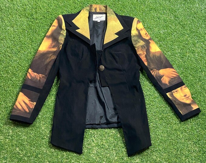Vintage Wacky Fun Art Blazer Mona Lisa Jacket Button Down Size 6 Leonardo da Vinci Italian Original Classic Party Festival Pop Casual 1990s