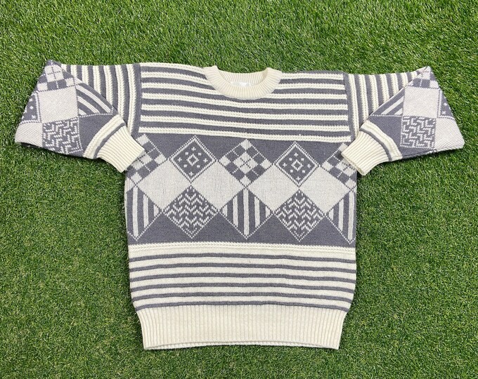 Vintage Gray Multicolor Knitted Crewneck Sweater Ki Gyoo Size Small S Quality Warm Winter Fashion Pull Over Oversized