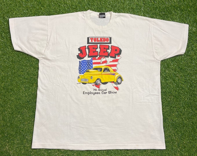 Vintage Toledo Jeep T Shirt Tee Made USA Size XXL 2XL Truck Car American Motors Chrysler Ohio 1990s 90s