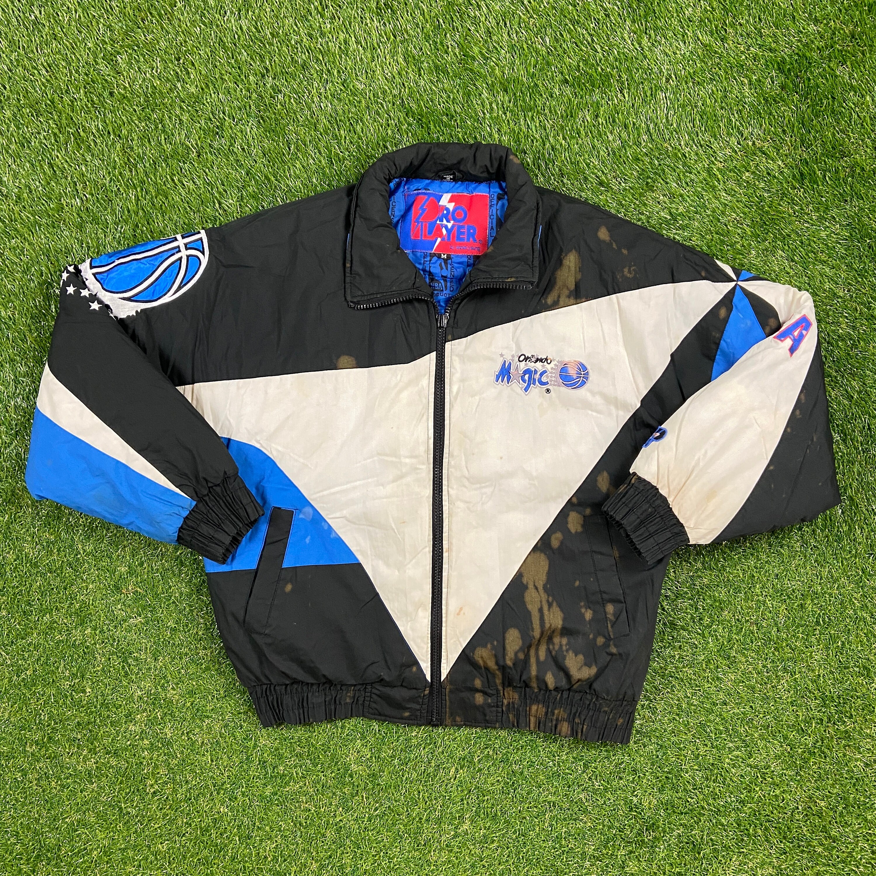 Vintage Orlando Magic Jacket Pro Layer Size Medium M NBA Basketball Florida Shaq McGrady Penny Bleach Stain Distressed
