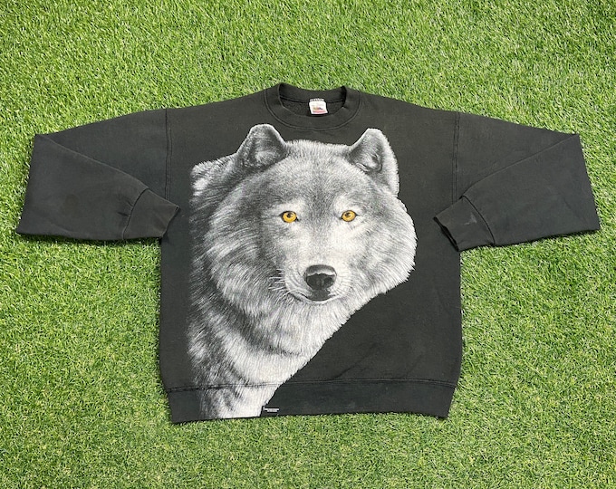 Vintage Wolf Crewneck Sweatshirt Made USA Size Large L National Wildlife Pack Animals Habitat All Over Print Pull Over Kanye Anchorman 2