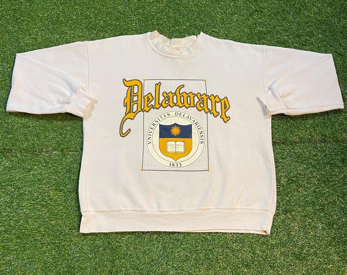 Vintage University of Delaware Crewneck Sweatshirt Made USA Size Large L Fighting Blue Hens NCAA College Basketball 1990s 90s Pull Over