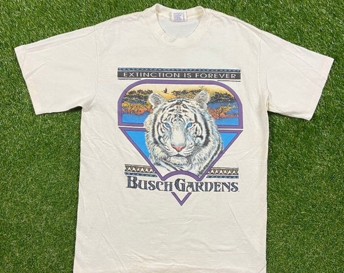 Vintage Busch Gardens Extinction is Forever Tampa Bay Florida T Shirt Tee Jays Made USA Size Large L FL Theme Park White Tiger Animals 1990s