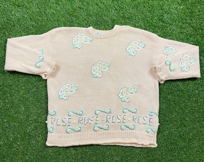 Vintage Flower Rose Knitted Crewneck Sweater Size Large L Pull Over Quality Comfortable Fit 1980s Original Fall Winter Warm Cozy
