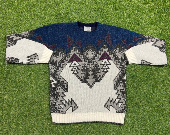 Vintage Blue Multicolor Knitted Crewneck Sweater Made USA Le Tigre Size Medium M Quality Warm Winter Fashion Pull Over Oversized