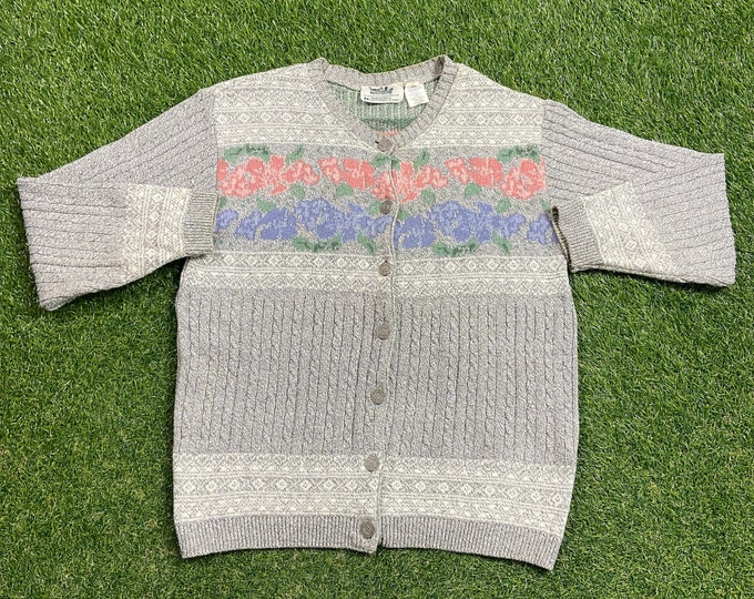 Vintage Floral Knit Cardigan Sweater Size Medium M Flowers Gardening Love Bees Caterpillars Nature Plants 1980s 80s