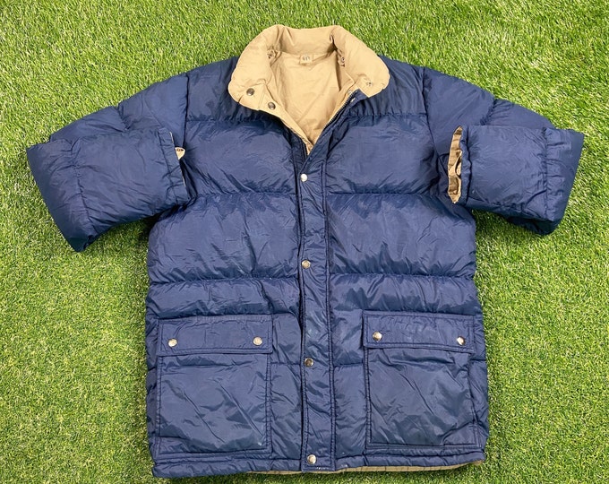 Vintage Blue Parka Button Up Jacket Size Large L 80s 1980s Quality Warm Hunting Winter Fashion Puff Coat Hiking