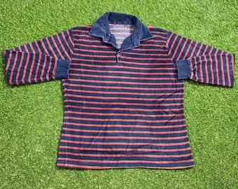 Vintage Blue and Red Stiped Polo Long Sleeve Shirt Size Medium M Cool Pattern Classic Quality Fashion 1970s 70s