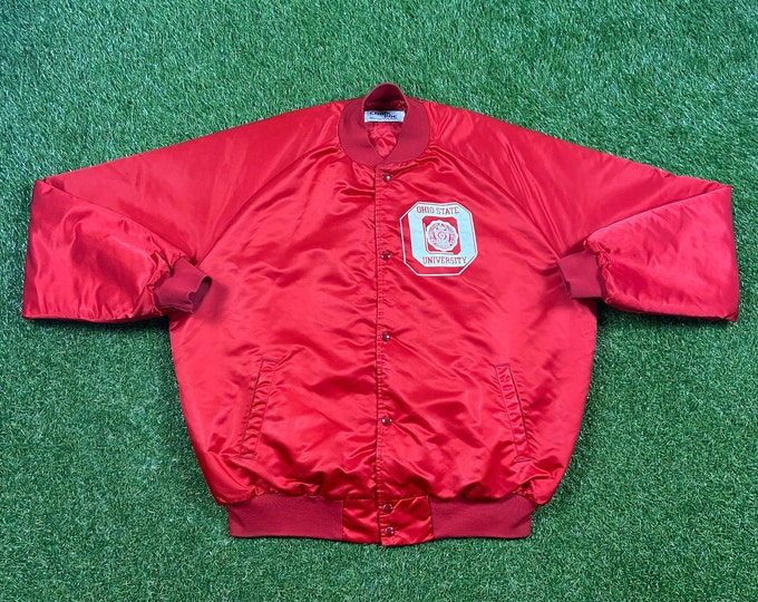 Vintage Ohio State University Satin Snap Varsity Jacket Bomber Chalk Line Made USA Size XXL 2XL Cleveland NCAA College Football Buckeyes 80s