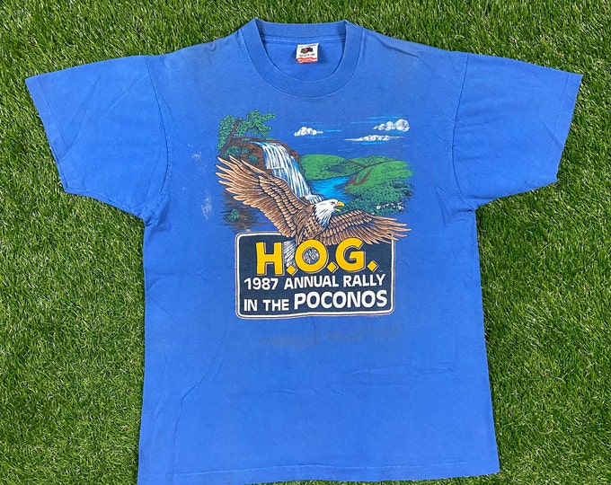 Vintage Harley Davidson 1987 Annual Rally Poconos Pennsylvania HOG T Shirt Fruit of the Loom Size Large 3D Motorcycle Truckers Biker L 1980s