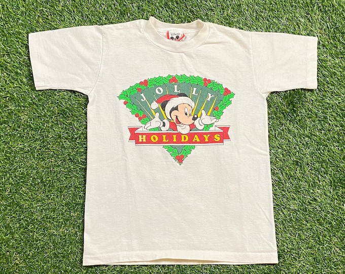 Vintage Mickey Mouse T Shirt Tee Made USA Size Youth Medium Jolly Holidays Christmas Xmas Walt Disney World Magic Kingdom Classic 1990s 90s