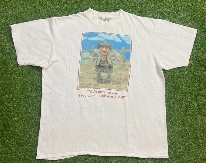 Vintage You're Never too Old T Shirt Tee Oneita Made USA Size Xtra Large XL Western Cowboy Standoff Funny Saying Comical Comedy 1990s 90s