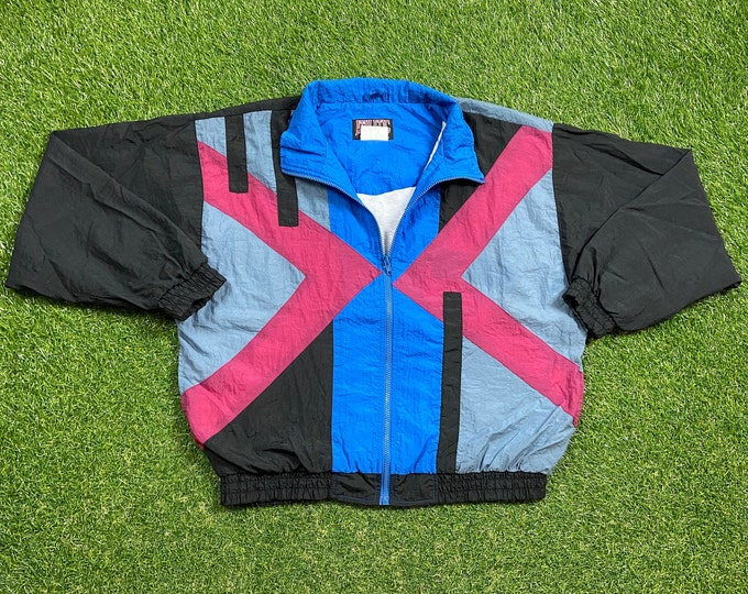 Vintage Graphic Windbreaker Zip Up Jacket Athletic Works Size Large L Multicolor Streetwear Sport Active Wear Classic Light Coat 1990s 90s