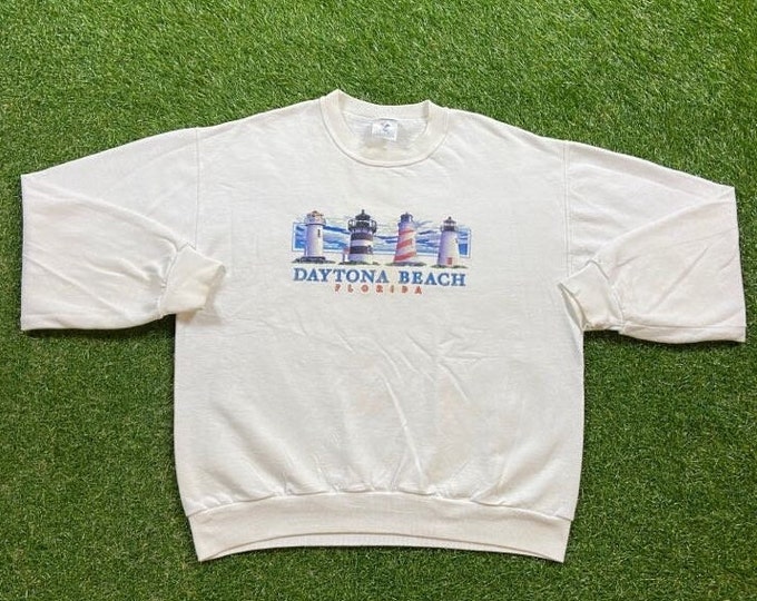 Vintage Daytona Beach Florida Crewneck Sweatshirt Jerzees Size Large L Palm Trees Tropical Ocean Miami FL Pull Over Oversized
