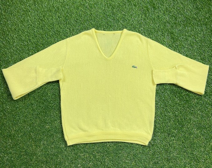 Vintage Lacoste Izod V Neck Sweater Size Medium M Yellow 1980s 80s Crocodile Designer Paris Streetwear Comfy