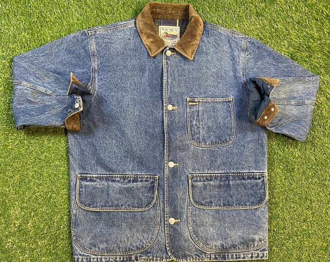 Vintage Nautica Jean Jacket Size Large L Yacht Sailing Winter Coat 90s Heavy Snow Warm Boat 1990s
