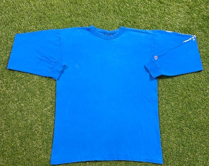 Vintage Plain Blue Champion Long Sleeve Shirt Made USA Size Xtra Large XL Quality 1990's Oversized Comfy Great Fit Original 90s Pull Over