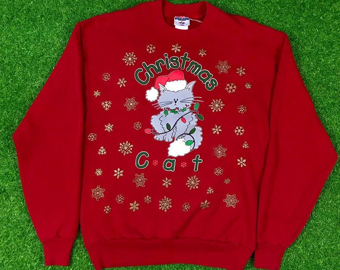 Ugly Christmas Sweater Vintage Holiday Party Merry Women's Santa Classic Men's Fits like M Xmas 80s 90s Xmas Chistmas Cat Funny