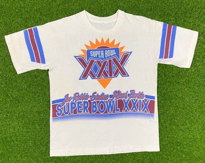 Vintage Super Bowl XXlX Big Spell Out T Shirt Large 1990s NFL Football History 1994 Miami Florida 90s All Over Print Jersey