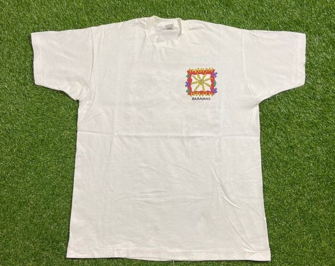 Vintage Bahamas T Shirt Tee Fruit of the Loom Made USA Size Xtra Large XL Island Palm Trees Tropical Beach Caribbean 1990s 90s