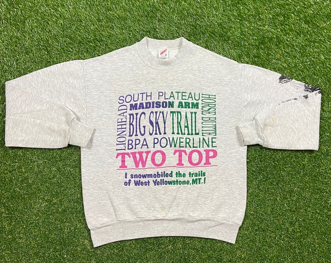 Vintage Two Top Big Sky Trail Crewneck Sweatshirt Jerzees Made USA Size Medium M Yellowstone Mountain Montana Pull Over 1990s 90s