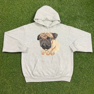 Vintage Pug Dog Portrait Hoodie Sweatshirt Made USA Size Large L China Pug Puppy Dog Breed Frank the Pug Men in Black Will Smith 1990s 90s