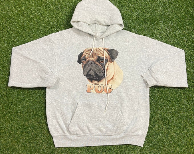 Vintage Pug Dog Portrait Hoodie Sweatshirt Made USA Size Large L China Pug Puppy Dog Breed Frank the Pug Men in Black Will Smith 1990s 90s