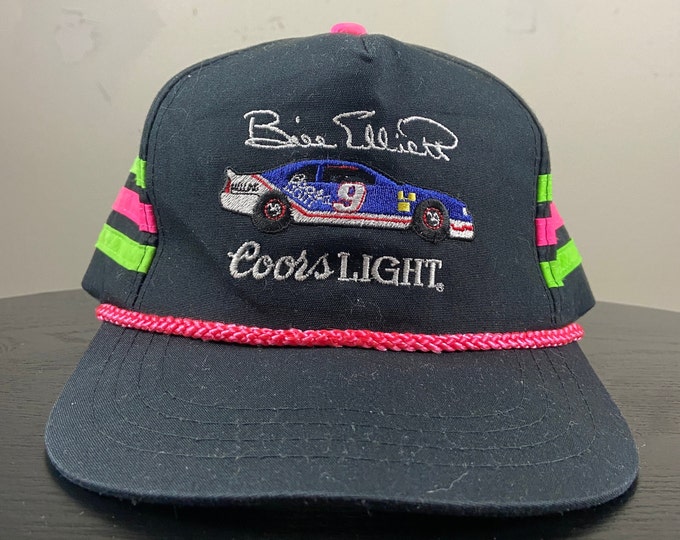 Vintage Bill Elliot Coors Light Snapback Hat OSFA NASCAR Racing Coors Brewing Company Colorado Drink Alcohol Three Stripes