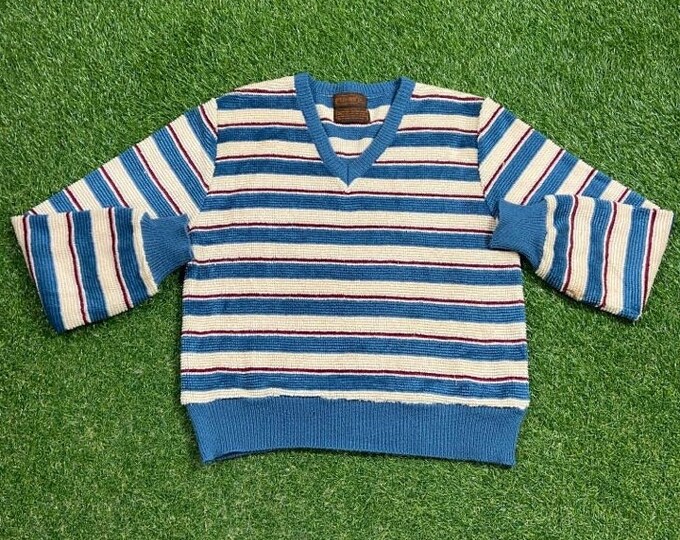 Vintage Multicolor Knitted V Neck Sweater Size Large L Quality Warm Winter Fashion Pull Over Oversized 1980s 80s