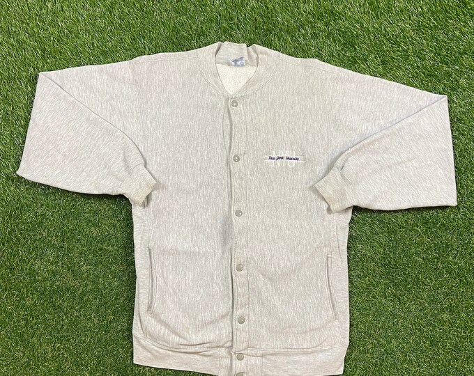 Vintage New York University NYU Button Up Sweater Champion Made USA Large L Classic 1990s 90s New York NY Manhattan College Reverse Weave
