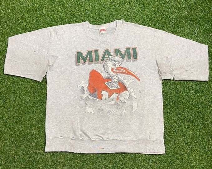 Vintage University of Miami Hurricanes Crewneck Sweatshirt USA Large L 305 Miami Style Florida NCAA College Football 1990s Distressed As IS