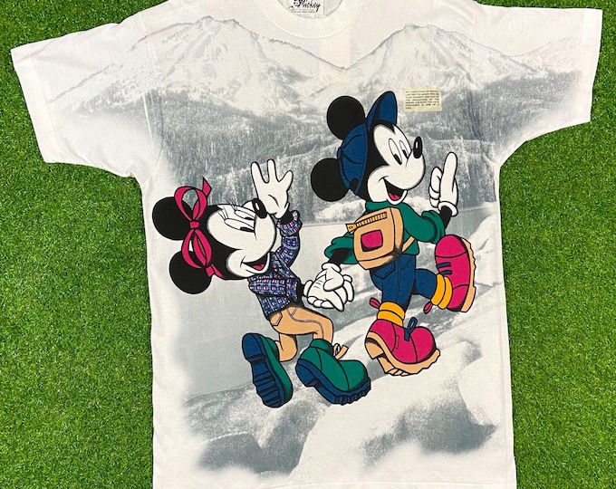 Vintage Disney Mickey Mouse & Minnie Tee T Shirt 1990s Walt Disney World OSFA Made USA New With Tags Classic 90s Magic All Over Mega 2XL