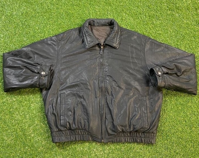 Vintage Black Leather Jacket Reversible Brown Jacket Size Xtra Large XL Very Warm Coat Greaser Style Jacket Biker USA American 1980s 80s