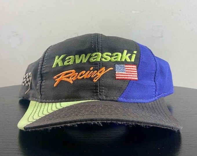 Vintage Kawasaki Racing Snapback Hat Head to Toe OSFA Harley HOG 3D Motorcycle Biker 1990s 90s