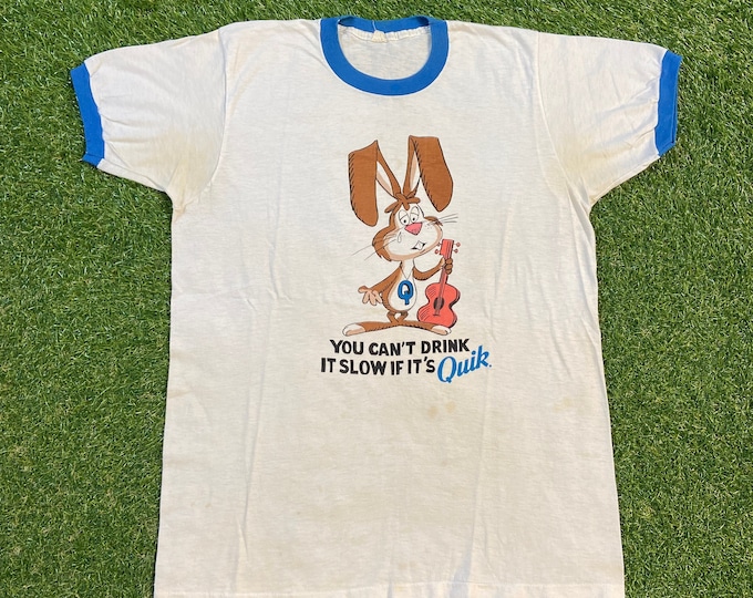 Vintage NesQuik Quik T Shirt Tee Made USA Size Xtra Large XL Nestle Chocolate Milk Foods Dairy Milk Classic 1970s 70s Original Ringer
