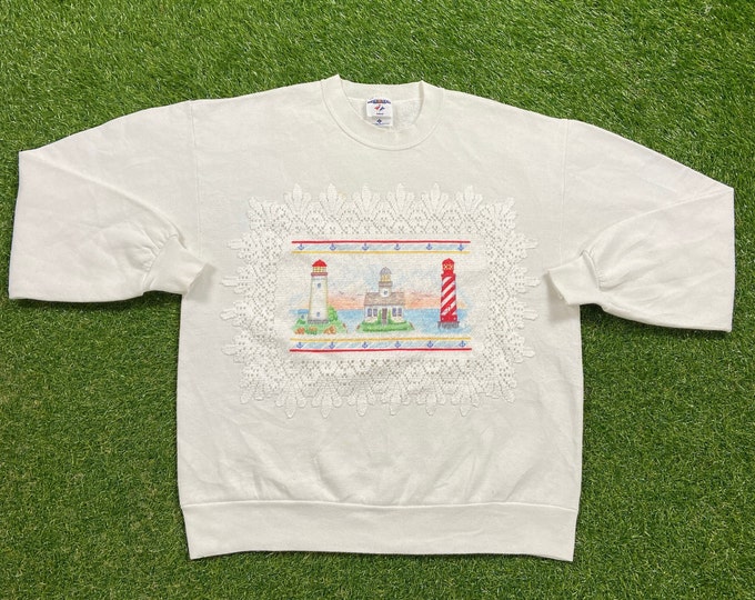 Vintage Lighthouses Crewneck Sweatshirt Jerzees Made USA Size Large L Grand Traverse Michigan Great Lakes Pull Over Oversized