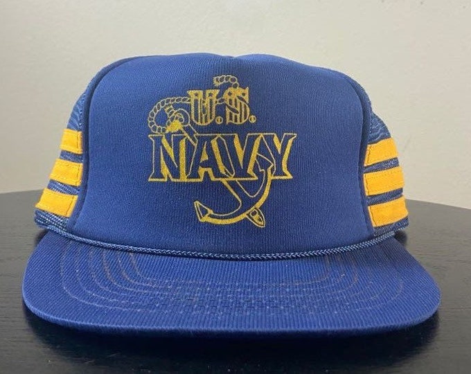 Vintage US Navy Snapback Hat OSFA United States Military Army Marines 1980s 80s Three Stripe 3 Striped Rare