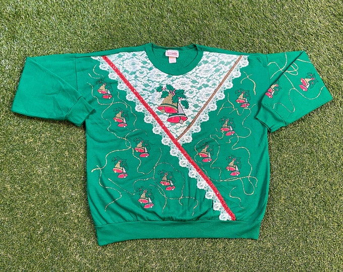 Ugly Christmas Sweater Vintage Tacky Holiday Party Merry Santa Classic Santa Claus Xmas 90s 80s Knit Classic Made USA Size Xtra Large Bells