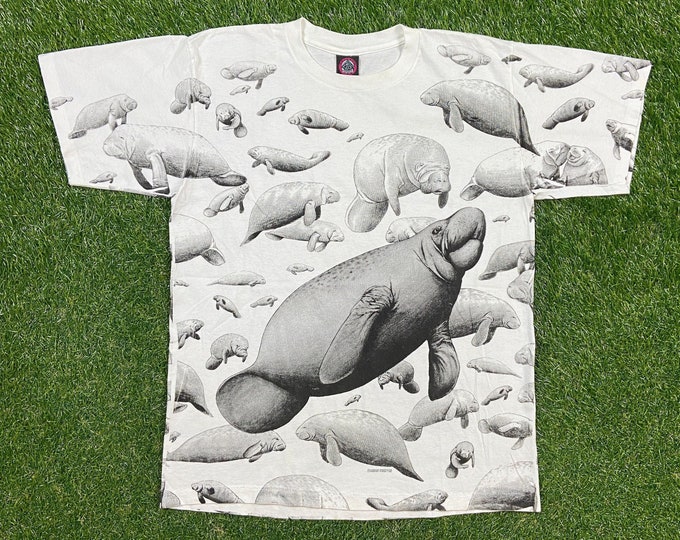 Vintage Manatee T Shirt Tee Rainbow Graphics Made USA Size Large L Sea Cow Sea Life Sea World Planet Ocean Florida 1990s 90s All Over