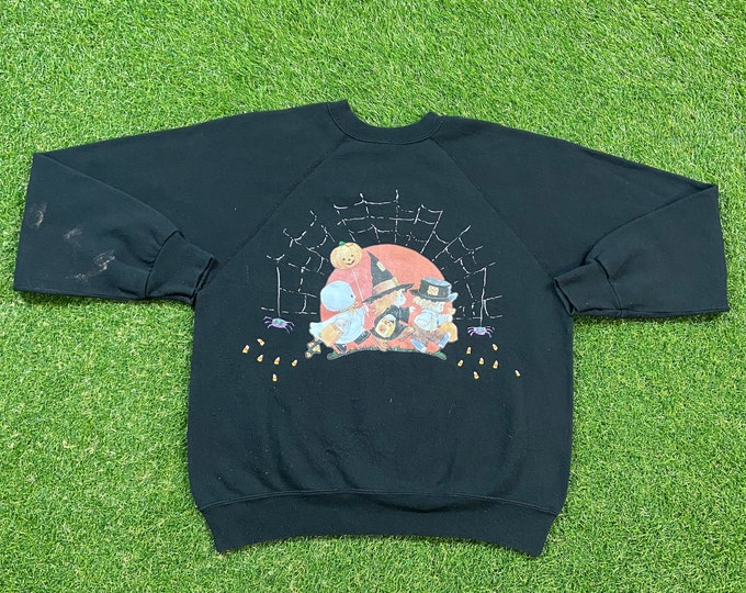 Vintage Halloween Crewneck Sweatshirt Tultex Made USA Size Large L Haunted House Trick or Treat Oct 31 Spooky Pull Over Oversized