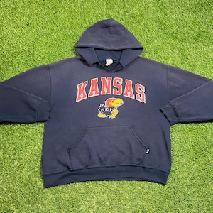 Vintage University of Kansas Hoodie Sweatshirt Russell Athletic Size Large L NCAA College Basketball Classic Jayhawks 1990s 90s Pull Over
