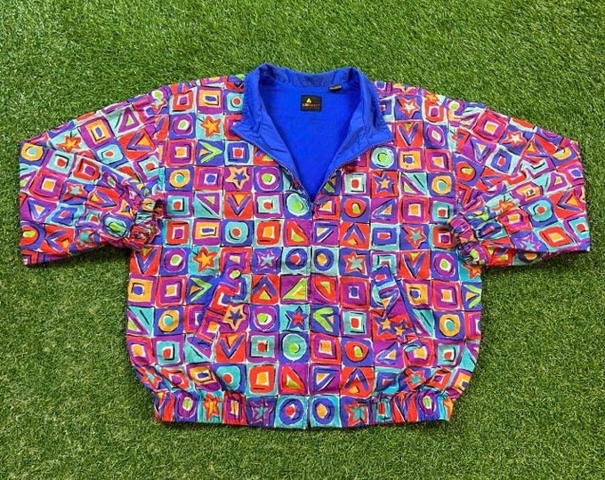 Vintage Graphic Windbreaker Zip Up Jacket Liz Sport Size Medium M Multicolor Streetwear Sport Active Wear Classic Light Rain Coat 1990s
