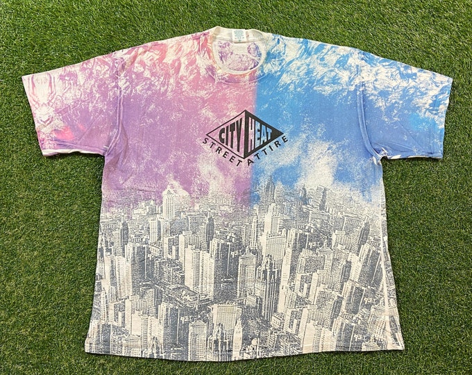 Vintage City Heat Street Attire T Shirt Tee Made USA Size XXL 2XL Streetwear Quality 1990s Comfy Great Fit Original 90s All Over Print