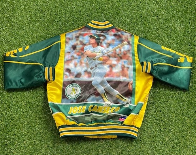 Vintage Oakland Athletics Jose Canseco Satin Bomber Jacket Medium M MLB Baseball A's Varsity Letterman Classic Green 1990s 90s Starline Rare