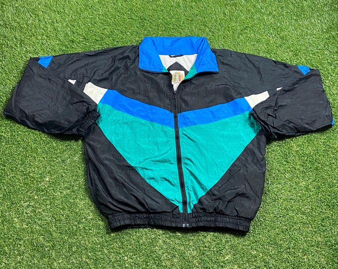 Vintage Multicolor Suit Windbreaker Set Zip Up Jacket Size Medium M Sportswear Athletic Wear Light Rain Jacket Coat 2 Piece Matching 1980s