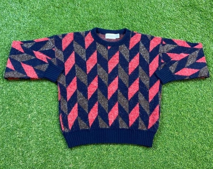 Vintage Black Multicolor Knitted Crewneck Sweater Classics Made USA Size Medium M Quality Cool Pattern Warm Winter Fashion Pull Over