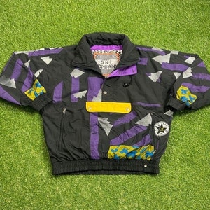 Vintage multicolorido empresa de esqui inverno jaqueta atlética tamanho grande l quente zíper jaqueta blusão casaco puffer inchado caminhadas casaco 1990s 90s