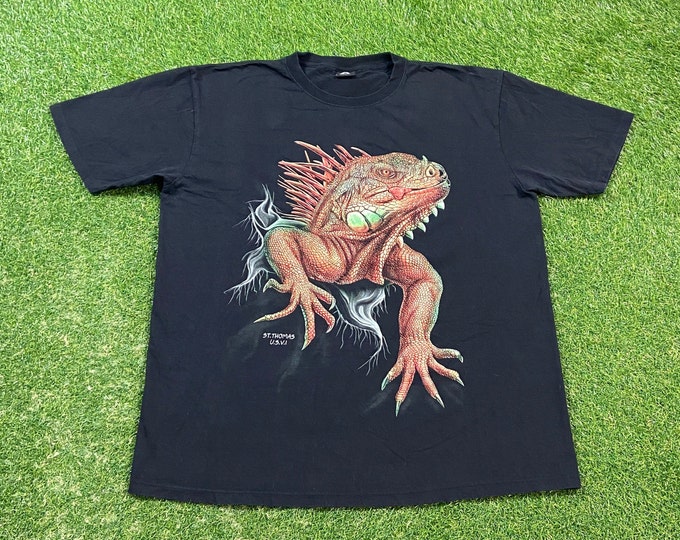 Vintage St Thomas T Shirt Tee Caballo Size XXL 2XL Beach US Virgin Islands Caribbean Sea 1990s 90s Big Graphic All Over Iguana Reptile